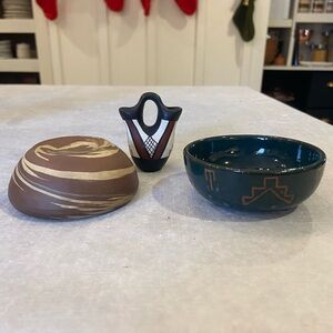 Handcrafted Pottery Set with Brown and Black Accents signed Native American